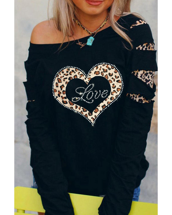 Azura Exchange Leopard Rhinestone Heart Graphic Sweatshirt - XL