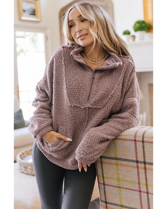 Azura Exchange Dusty Pink Collared Half Zip Fluffy Sweatshirt - M