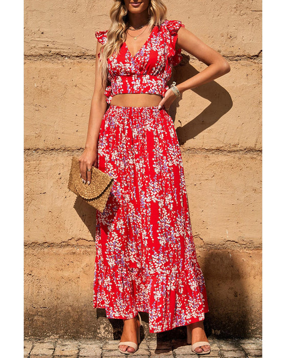 Azura Exchange Floral Ruffled Crop Top and Maxi Skirt Set - S