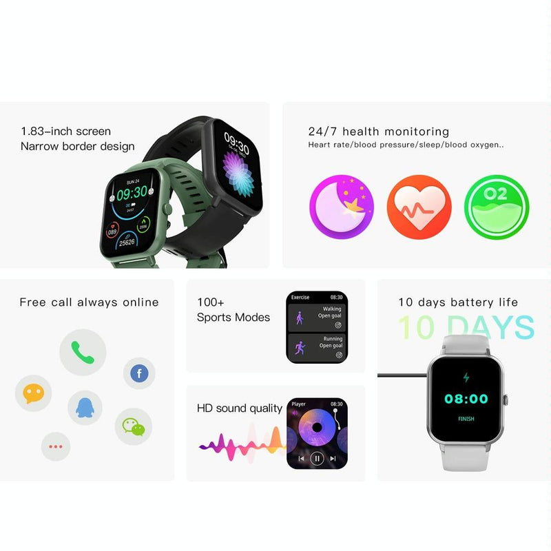 Danoz Smart - 1.83 Inch Touch Screen Ai Voice Heart Rate / Blood Oxygen / Blood Pressure / Sleep Monitoring Bluetooth Smartwatch - Black