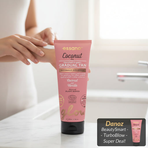 Pink tube of essano Coconut Oil Gradual Tan with branding and product details.