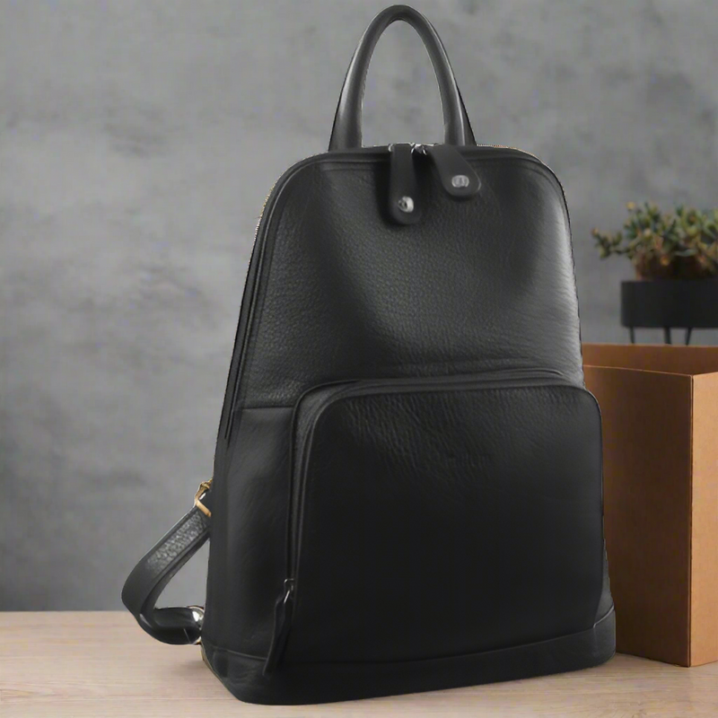 Danoz Direct - Milleni Womens Twin Zip Backpack Nappa Italian Leather Travel Bag - Black