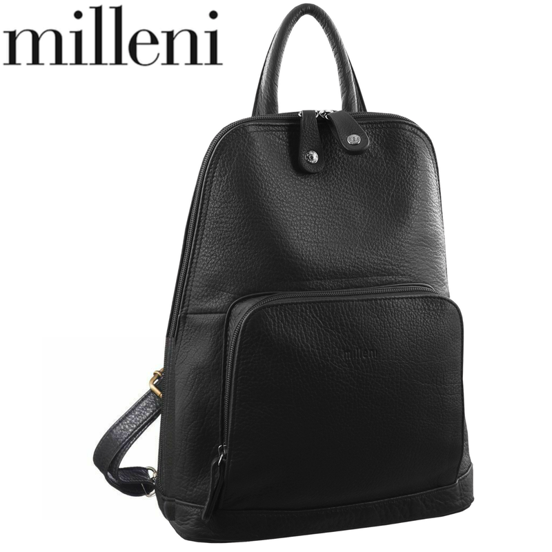 Danoz Direct - Milleni Womens Twin Zip Backpack Nappa Italian Leather Travel Bag - Black