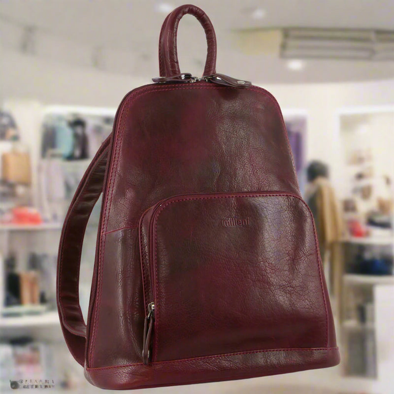 Danoz Direct - Milleni Womens Twin Zip Backpack Nappa Italian Leather Bag Travel - Cherry