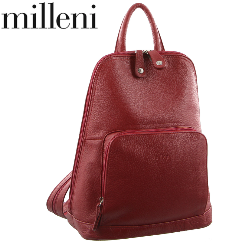 Danoz Direct - Milleni Womens Twin Zip Backpack Nappa Italian Leather Bag Travel - Red