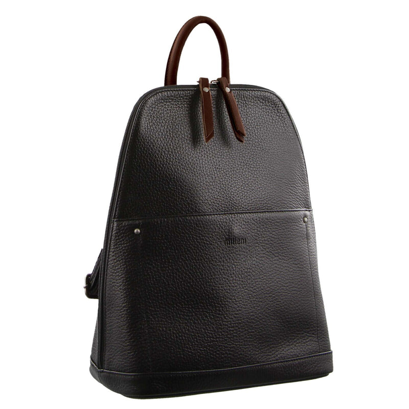Danoz Fashion - Milleni Ladies Genuine Italian Leather Backpack Bag Twin Zip - Black/Chestnut