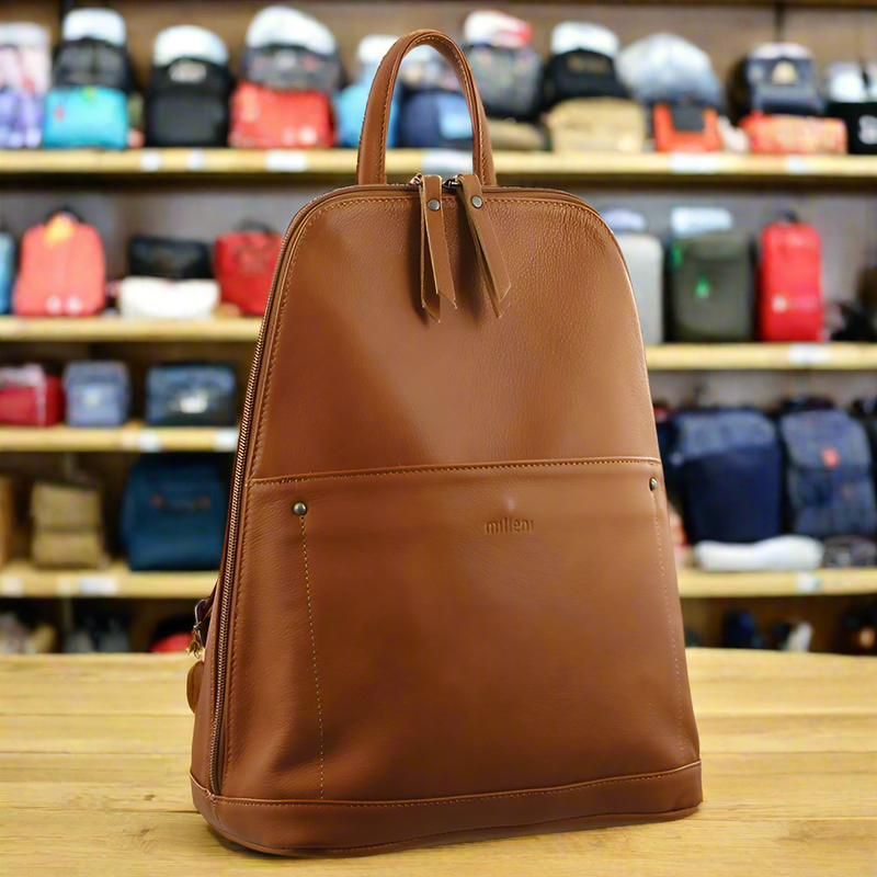 Danoz Fashion - Milleni Ladies Genuine Italian Leather Backpack Bag Twin Zip - Cognac