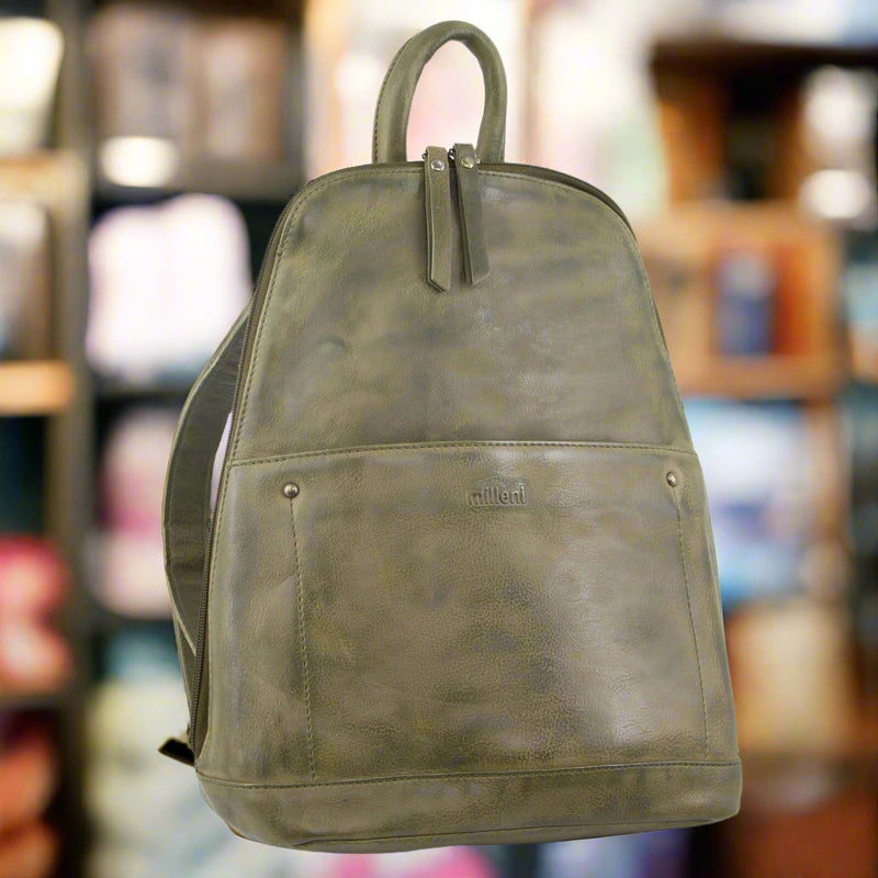 Danoz Fashion - Milleni Ladies Genuine Italian Leather Backpack Bag Twin Zip - Olive