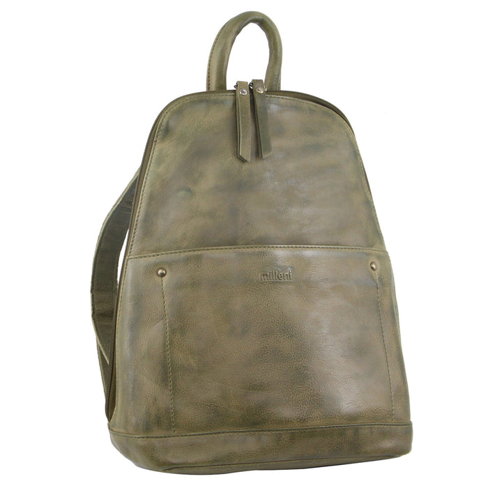 Milleni Ladies Genuine Italian Leather Backpack Bag Twin Zip - Olive