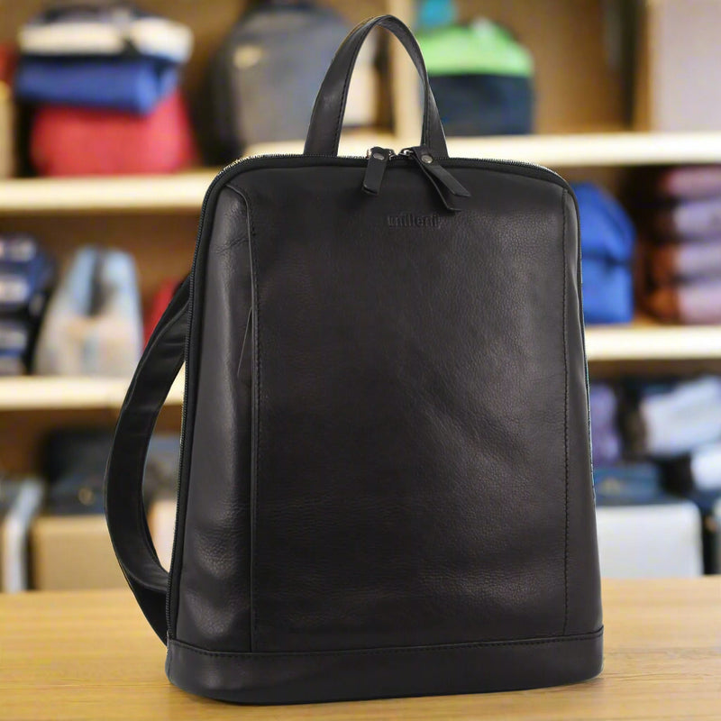 Danoz Fashion - Milleni Ladies Nappa Leather Bag Twin Zip Backpack w/ Zipped Pocket - Black