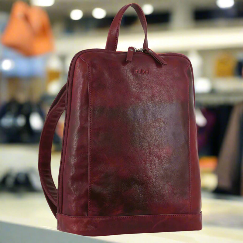 Milleni Ladies Nappa Leather Bag Twin Zip Backpack w/ Zipped Pocket - Cherry Red