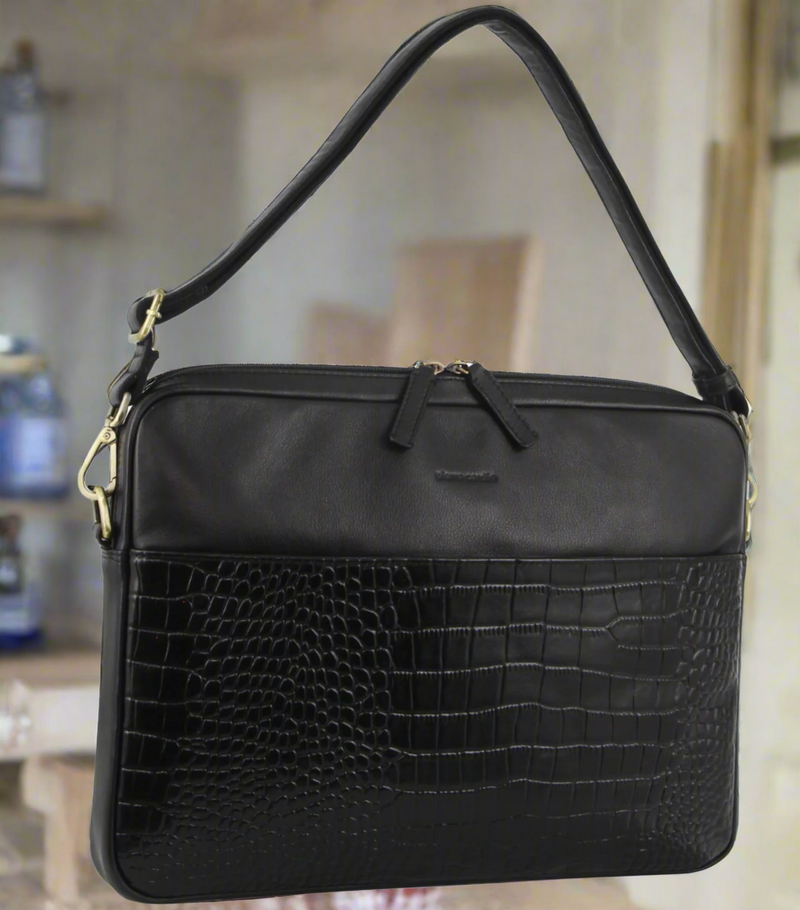 Danoz Direct - Pierre Cardin Croc-Embossed Leather Business Computer Laptop Bag - Black