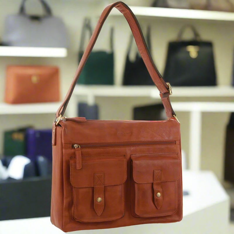 Danoz Fashion - Pierre Cardin Leather Briefcase Bag Tote Laptop Rustic Satchel Travel - Cognac