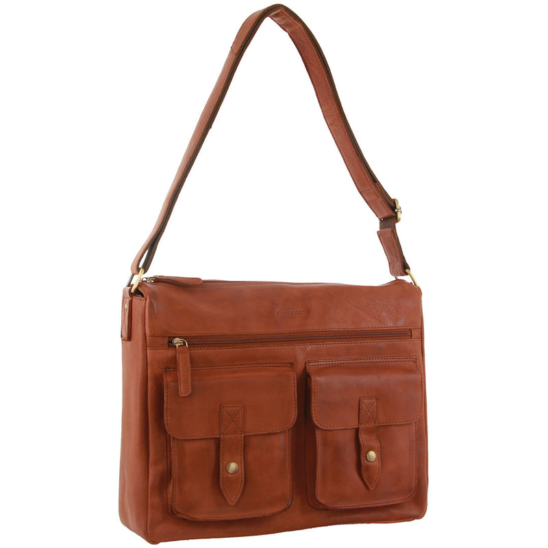 Danoz Fashion - Pierre Cardin Leather Briefcase Bag Tote Laptop Rustic Satchel Travel - Cognac