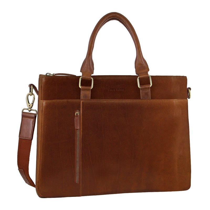 Danoz Fashion - Pierre Cardin Mens Leather Briefcase Business Bag Shoulder Laptop Tote  - Tan