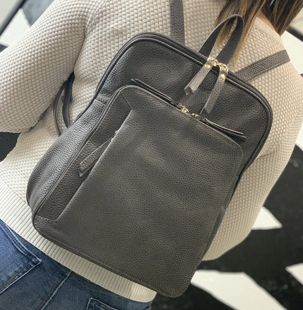 Danoz Direct - Pierre Cardin Womens Leather Backpack Bag with Pocket Front Multi-Zip - Slate
