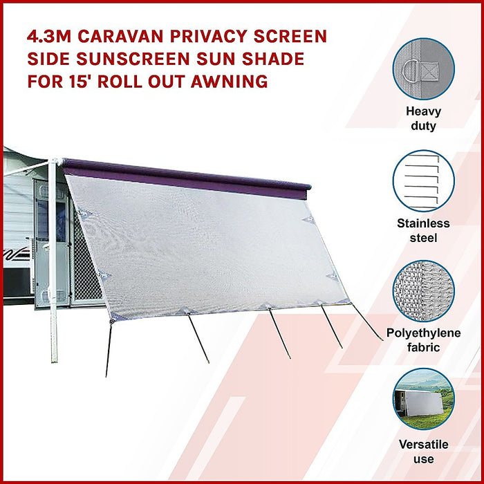 Danoz Outdoors - 4.3m Caravan Privacy Screen Side Sunscreen Sun Shade for 15' Roll Out Awning Incl. Delivery