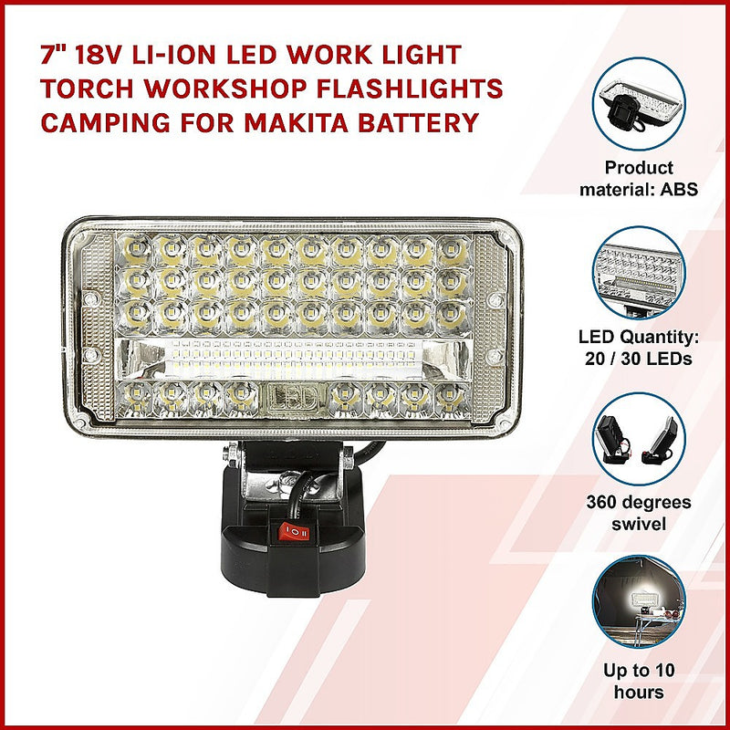 Danoz LED Lights - 7" 18V Li-ion LED Work Light Torch Workshop Flashlights Camping for Makita Battery