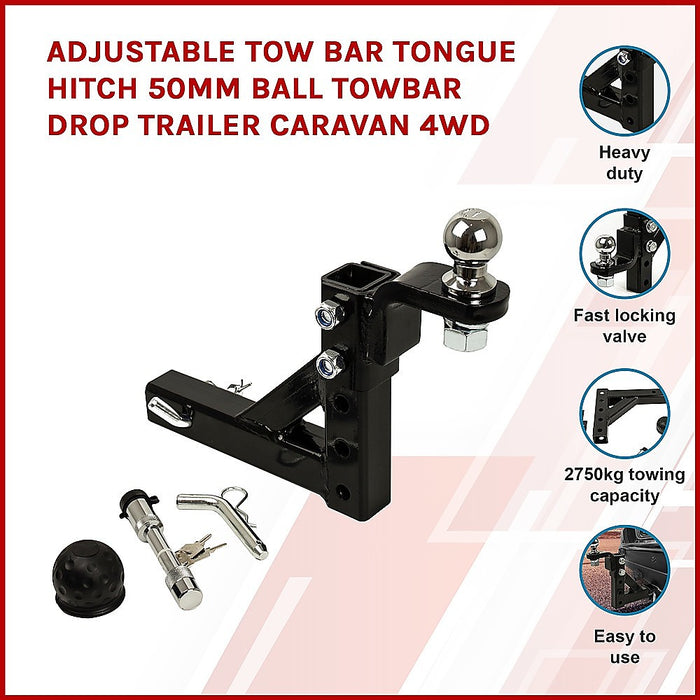 Danoz Cars - Adjustable Tow Bar Tongue Hitch 50mm Ball Towbar Drop Trailer Caravan 4WD- Incl. Delivery