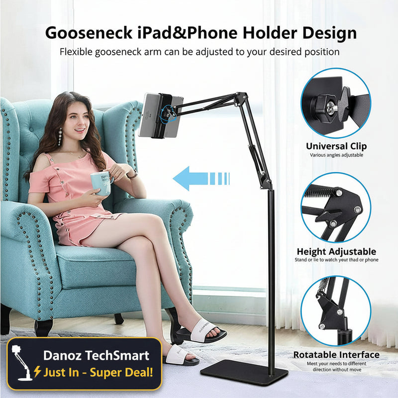 Woman sitting on a blue armchair using a gooseneck iPad and phone holder with adjustable features.
