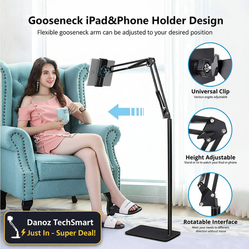 Woman sitting on a blue armchair using a gooseneck iPad and phone holder with adjustable features.