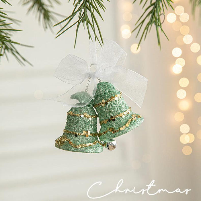 Danoz Xmas🎅 Green Glitter Christmas Bell Ornaments with White Bow - Hanging Holiday Decoration 5 pieces