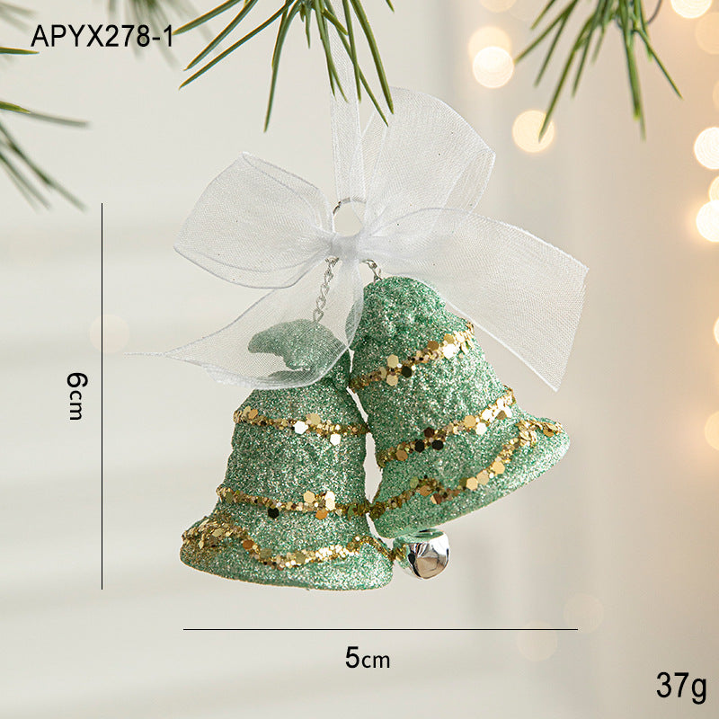 Danoz Xmas🎅 Green Glitter Christmas Bell Ornaments with White Bow - Hanging Holiday Decoration 5 pieces