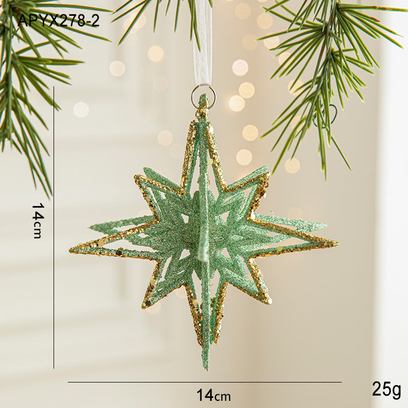 Danoz Xmas🎅 Green Glitter 3D Star Ornament with Gold Accents -Hanging Christmas Decoration 5 pieces