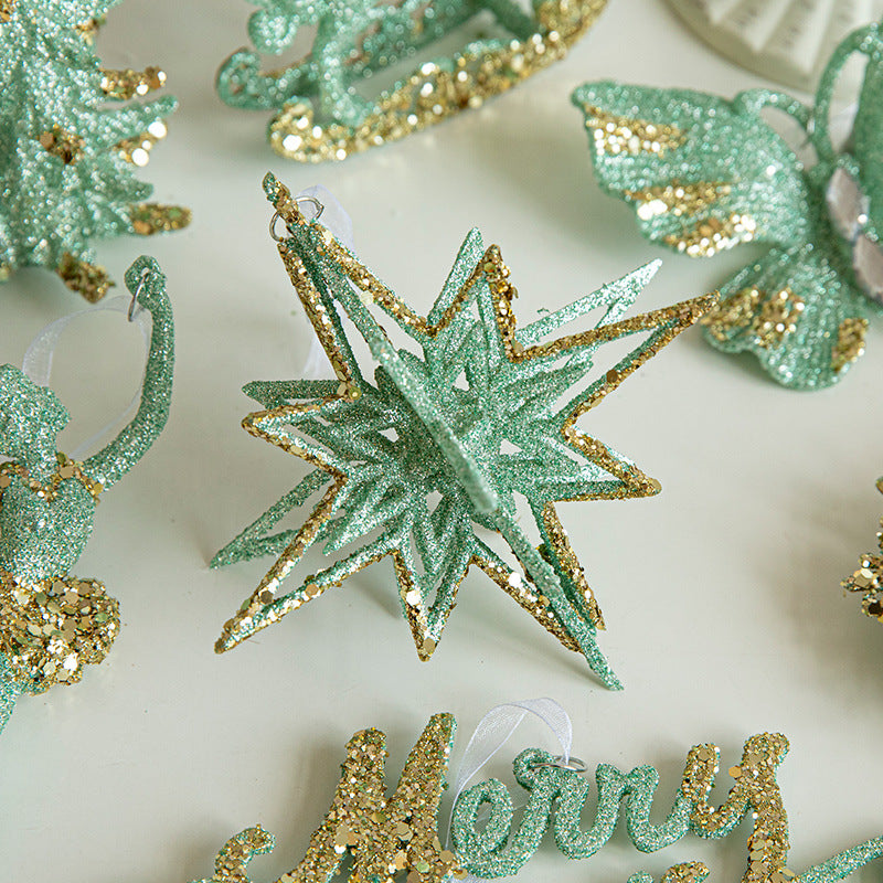 Danoz Xmas🎅 Green Glitter 3D Star Ornament with Gold Accents -Hanging Christmas Decoration 5 pieces