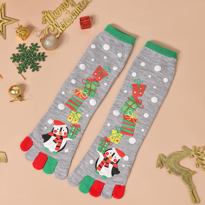Danoz Xmas🎅 Penguin Christmas tabi socks with gift tower design, women's cartoon stockings 5 pairs