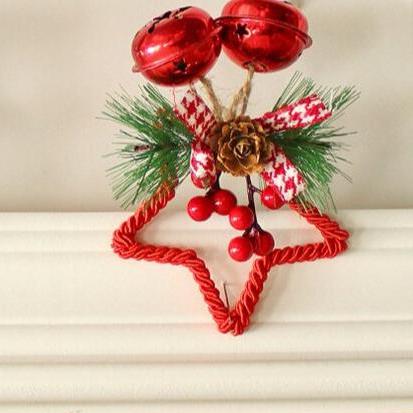 Danoz Xmas🎅 Red Star Christmas Ornament with Bells and Pinecone - Holiday Wreath Decoration 10 pieces
