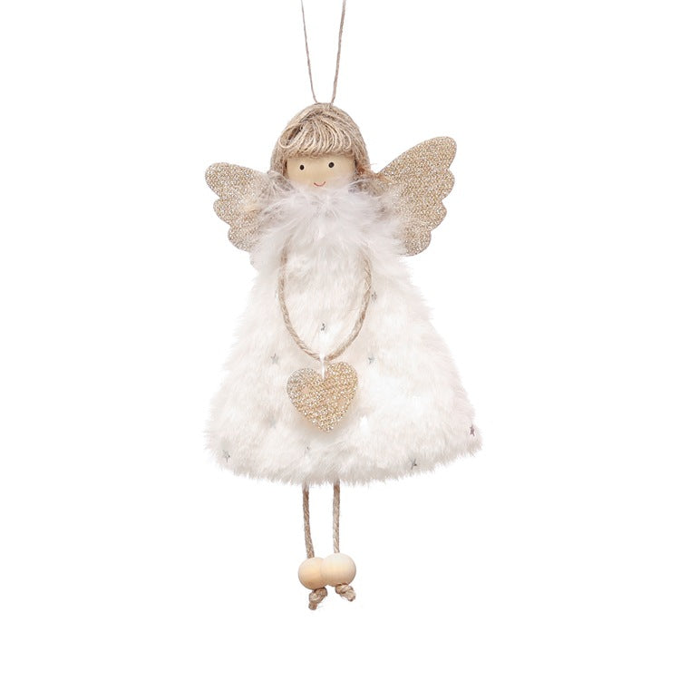 Danoz Xmas - Fluffy Angel Hanging Ornament with Heart and Glitter Wings - Christmas Tree Decoration 16*10 cm White (6 pieces)