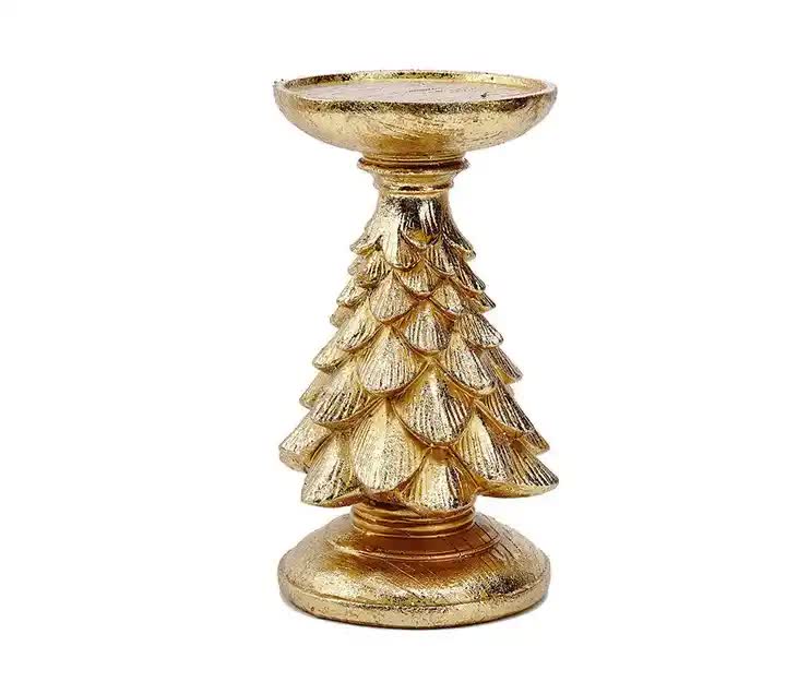 Danoz Xmas - Gold Christmas Tree Candle Holder - Elegant Resin Pillar Stand, 12cm Festive Decoration