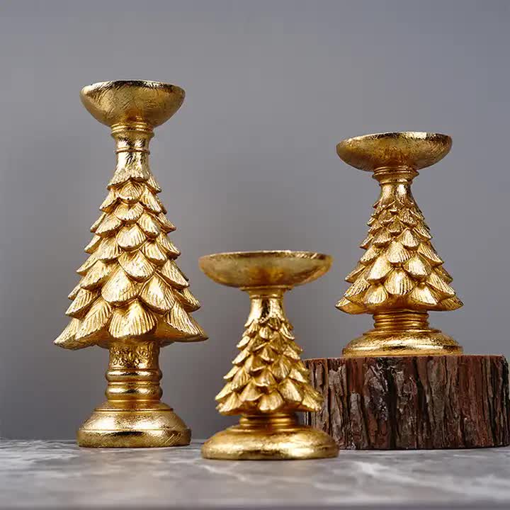 Danoz Xmas - Gold Christmas Tree Candle Holder - Elegant Resin Pillar Stand, 12cm Festive Decoration
