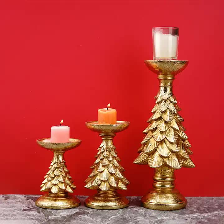 Danoz Xmas - Gold Christmas Tree Candle Holder - Elegant Resin Pillar Stand, 12cm Festive Decoration