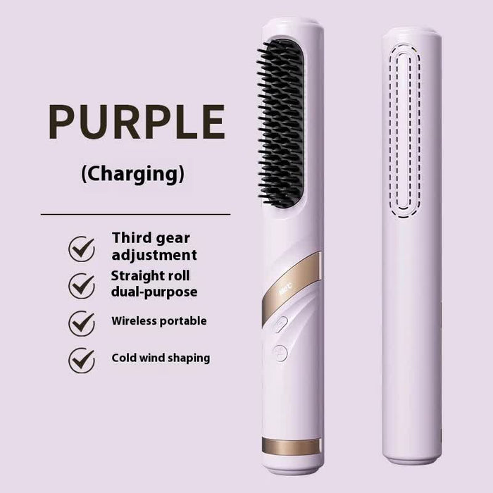 Danoz Beauty - Purple Portable USB Rechargeable Cold Wind Ionic Hair Straightening Brush, Multi-Functional Hair Straightener and Curler, Lightweight and Travel-Friendly