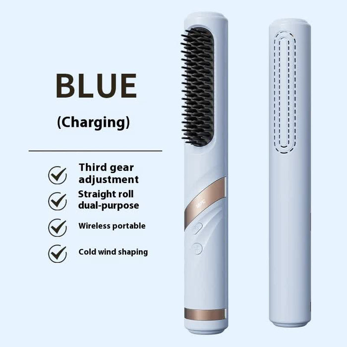 Danoz Beauty - Blue Portable USB Rechargeable Cold Wind Ionic Hair Straightening Brush, Multi-Functional Hair Straightener and Curler, Lightweight and Travel-Friendly