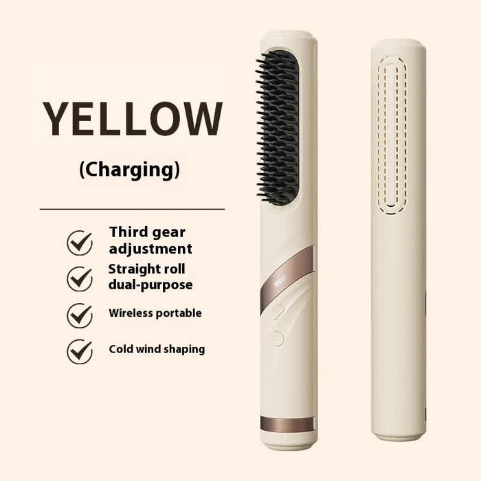 Danoz Beauty - Yellow Portable USB Rechargeable Cold Wind Ionic Hair Straightening Brush, Multi-Functional Hair Straightener and Curler, Lightweight and Travel-Friendly