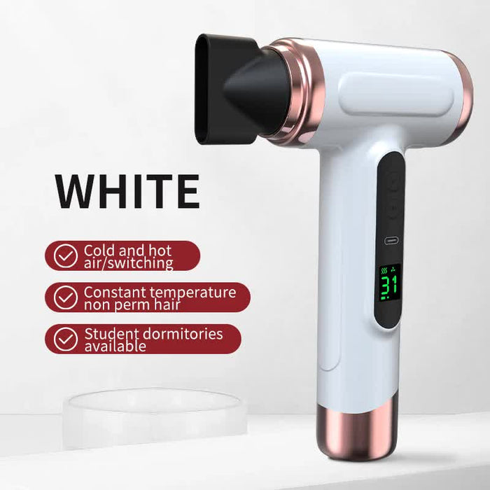 Danoz Beauty - White ireless Hair Dryer with Cold & Hot Air, Portable Large-Capacity Rechargeable Ionic Dryer, Fast-Drying, Lightweight and Compact for Home and Travel