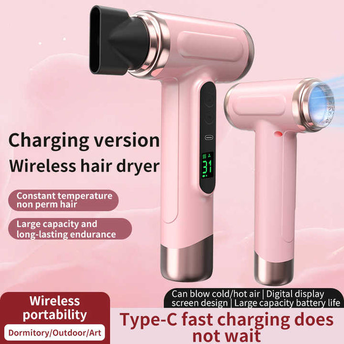 Danoz Beauty - White ireless Hair Dryer with Cold & Hot Air, Portable Large-Capacity Rechargeable Ionic Dryer, Fast-Drying, Lightweight and Compact for Home and Travel