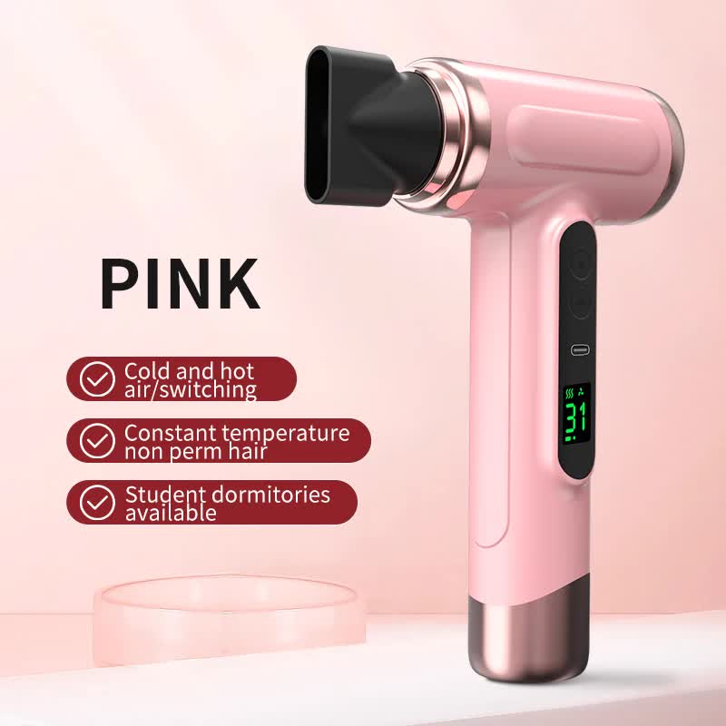 Danoz Beauty - Pink wireless Hair Dryer with Cold & Hot Air, Portable Large-Capacity USB Rechargeable Ionic Dryer, Fast-Drying, Compact for Home and Travel