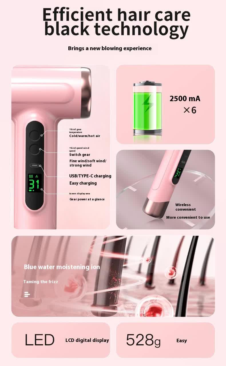 Danoz Beauty - Pink wireless Hair Dryer with Cold & Hot Air, Portable Large-Capacity USB Rechargeable Ionic Dryer, Fast-Drying, Compact for Home and Travel
