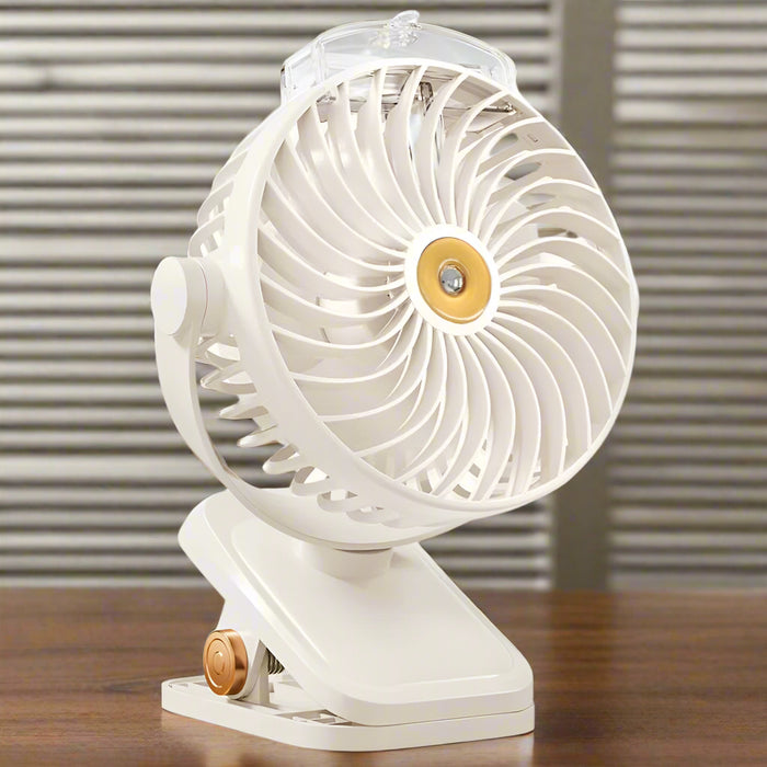 Danoz - White Portable Clip-On Mist Fan - Rechargeable Cooling Fan with Adjustable Spray Modes