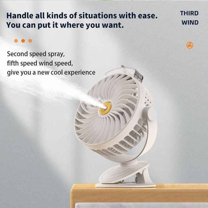 Danoz - White Portable Clip-On Mist Fan - Rechargeable Cooling Fan with Adjustable Spray Modes