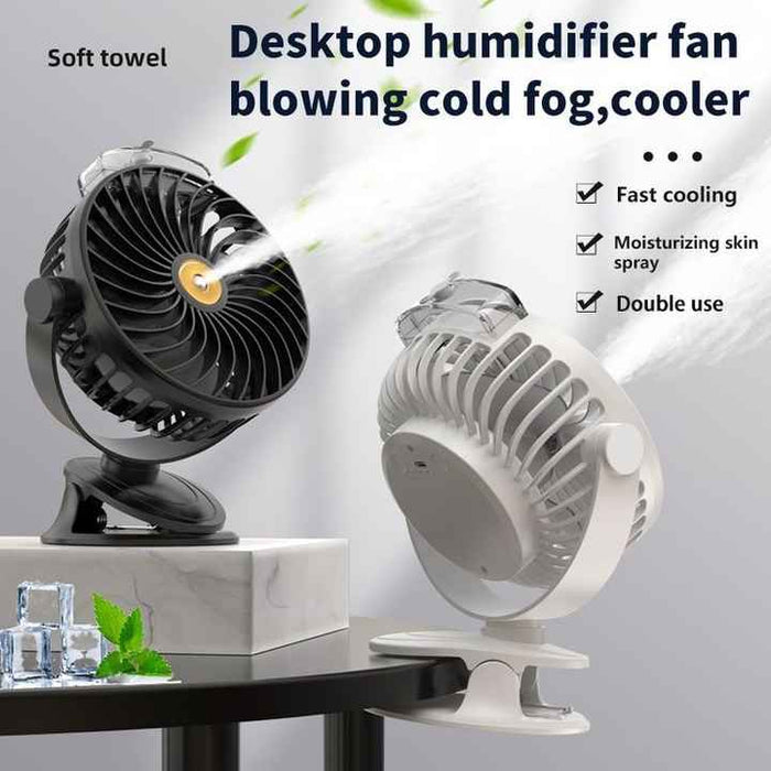 Danoz - White Portable Clip-On Mist Fan - Rechargeable Cooling Fan with Adjustable Spray Modes