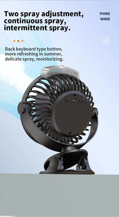 Danoz - White Portable Clip-On Mist Fan - Rechargeable Cooling Fan with Adjustable Spray Modes