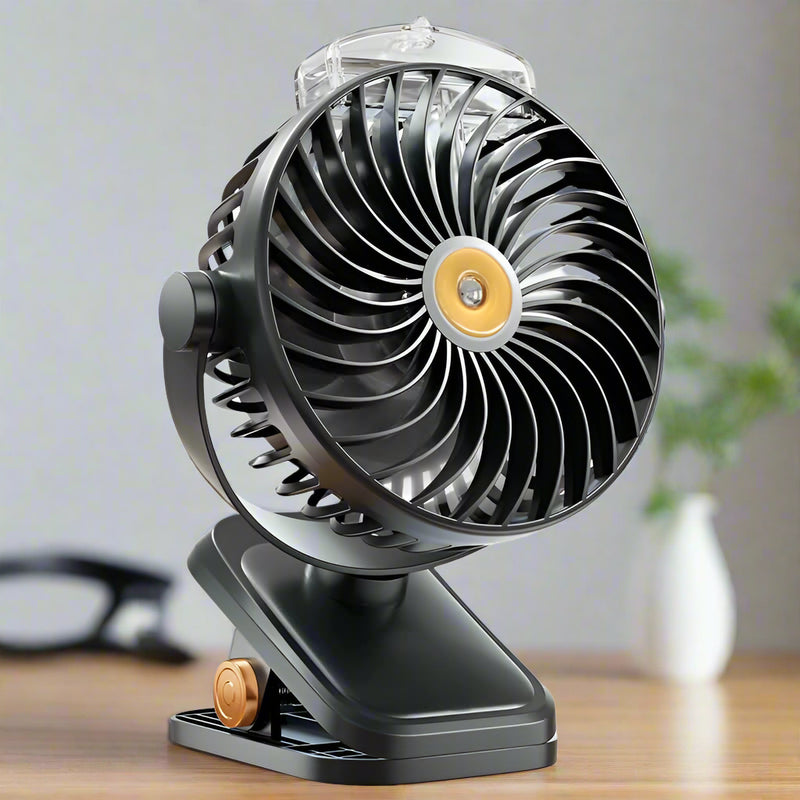 Danoz Direct - Black Portable Clip-On Mist Fan - Rechargeable Cooling Fan with Adjustable Spray Modes