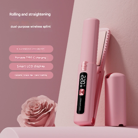 Danoz Direct - Pink Portable Two-in-One Wireless Hair Straightener and Curler with Six Temperature Settings and Intelligent With LCD