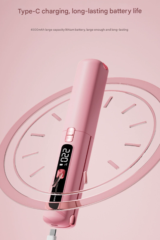 Danoz Direct - Pink Portable Two-in-One Wireless Hair Straightener and Curler with Six Temperature Settings and Intelligent With LCD