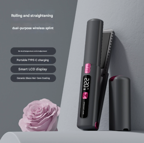 Danoz Direct - Black Portable Two-in-One Wireless Hair Straightener and Curler with Six Temperature Settings and Intelligent Liquid Crystal Display